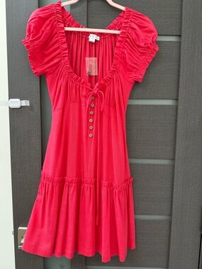 Bright Red Puff Sleeve Button-Front Dress Rayon/ Linen
